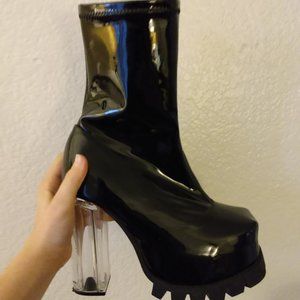 Chunky Leather Black Clear Heel Boot